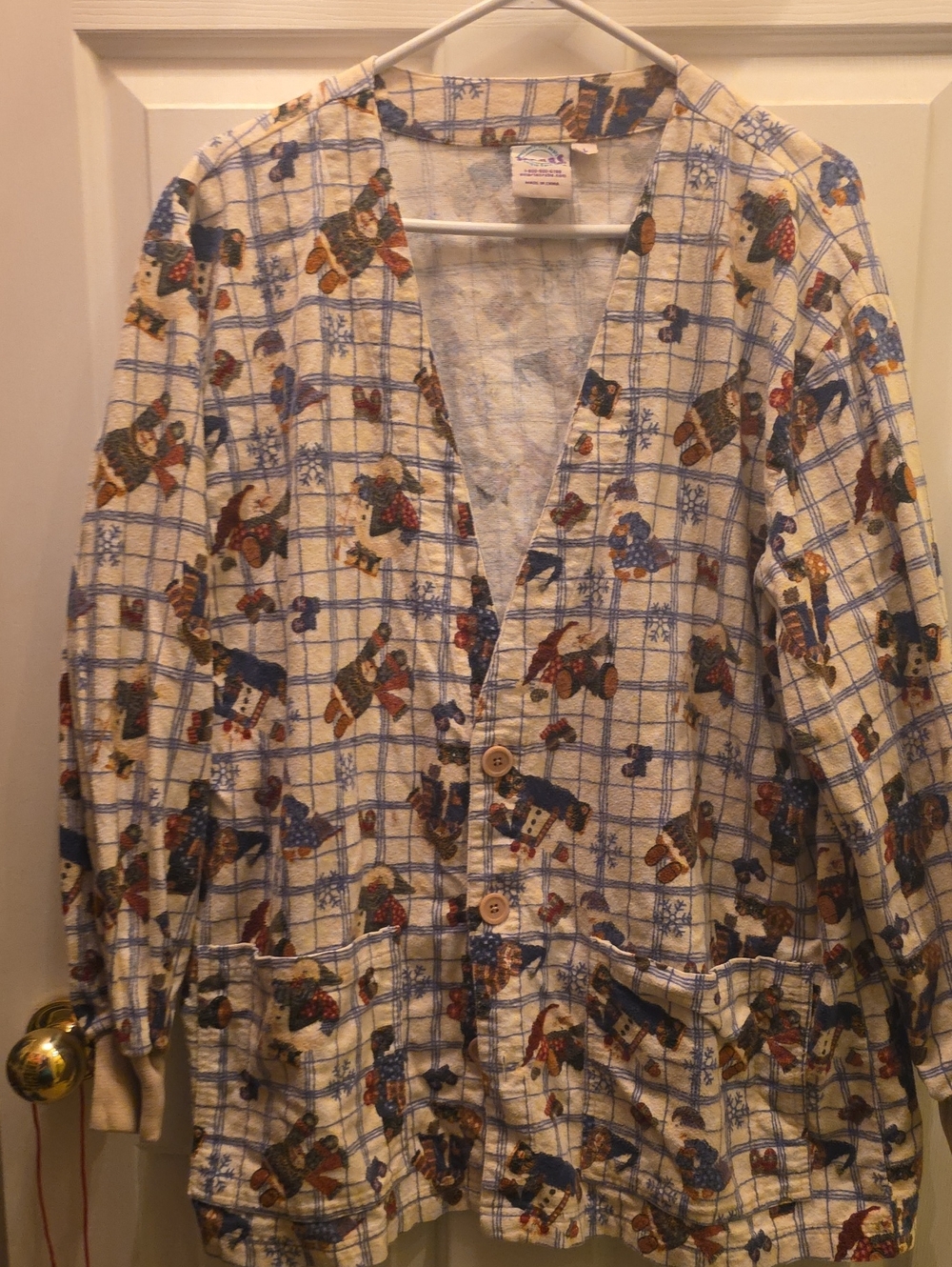 SB Scrubs Cream Cardigan with Blue Plaid and Snowman Motif